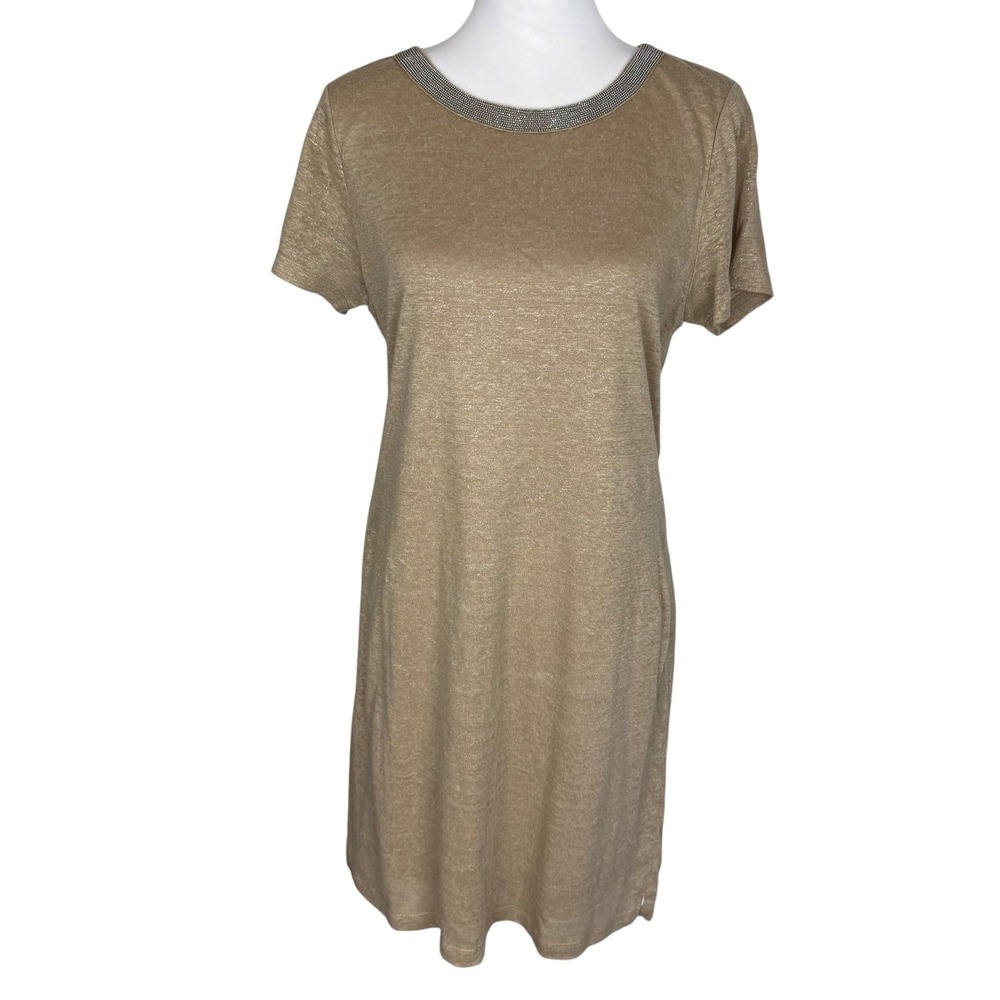 Eliane Rose Womens Gold Metallic Beaded Neck Short Sleeve Shift Dress Medium NWT